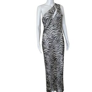 Starlow Zebra Print One shoulder strap see through mesh bikini cover up dress M